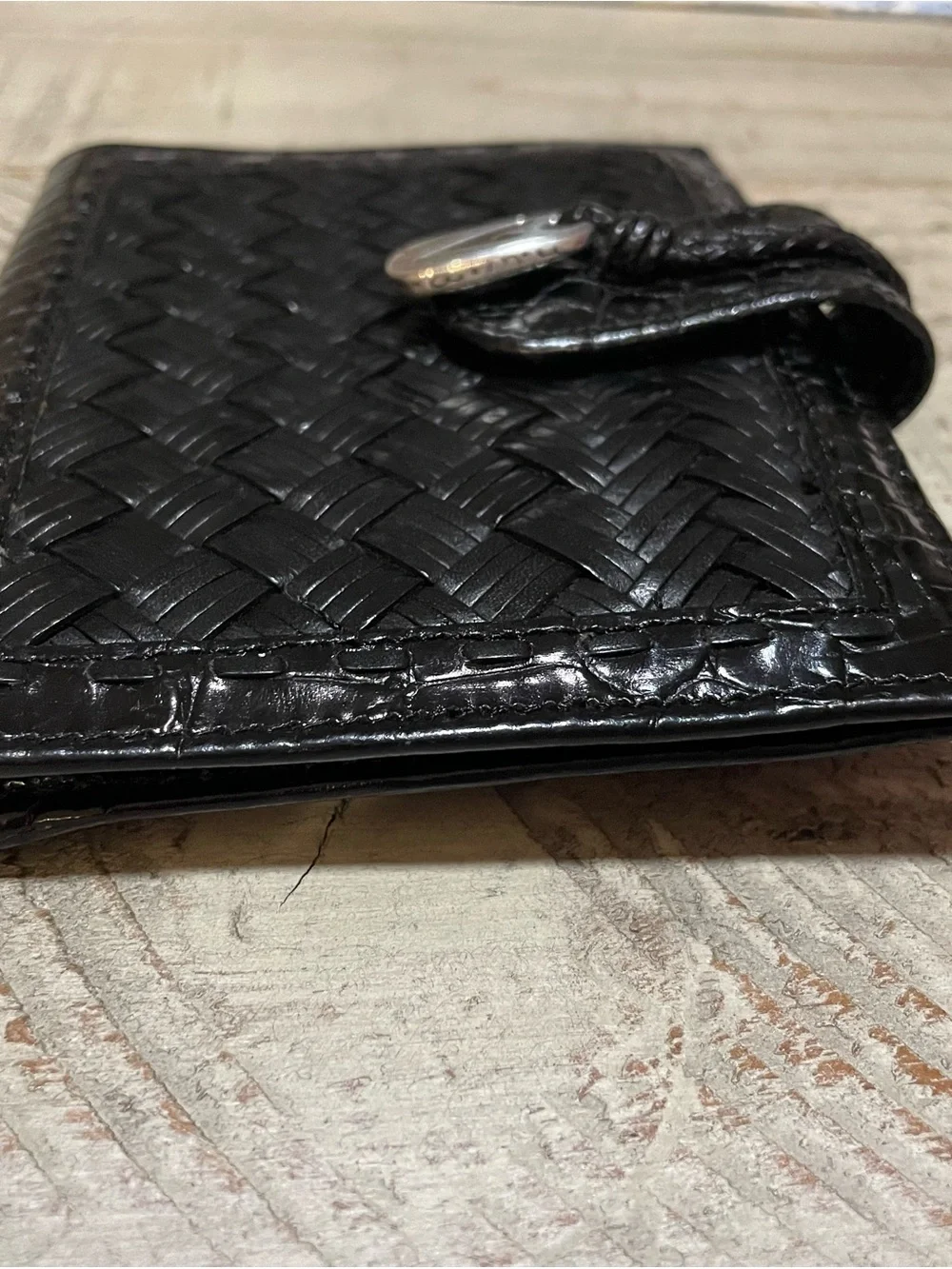 Brighton Black Woven Leather Bifold Wallet with Silver Heart Accent